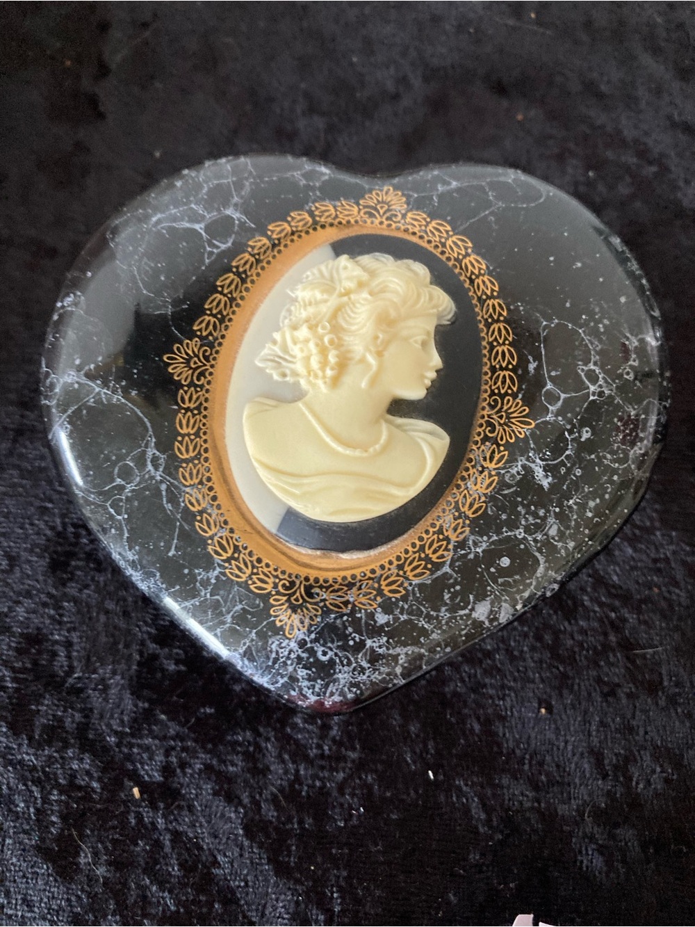 Heart-Shaped Black Cameo Trinket Box with Ivory Cameo Japan Marbled Ceramic